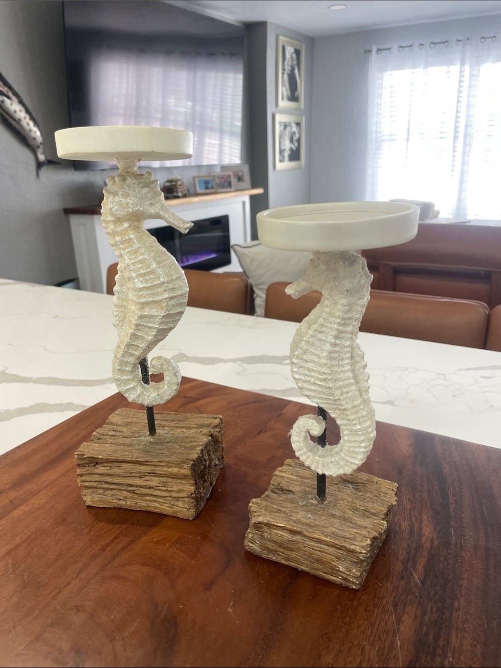 Kohl's White Seahorse Resin Candle Holders with Faux-Wood Base
